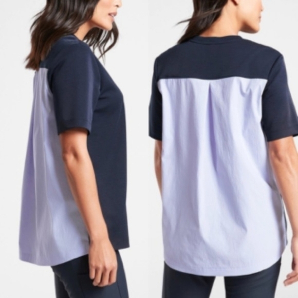 Athleta Size XL Navy Blue & Light Blue Gallery Tee Shirt, Gently Used Condition - Picture 1 of 15